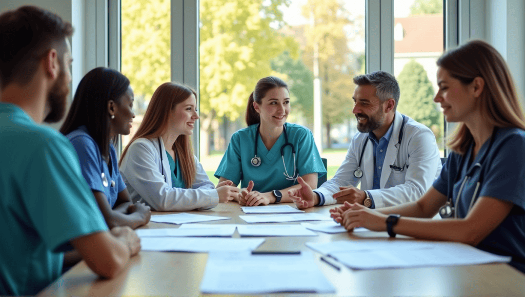 Diverse healthcare professionals collaborating in a training session on SBAR methodology in a conference room.