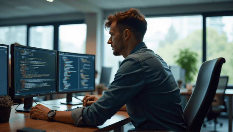 Software engineer in casual attire testing code at a modern workspace with multiple screens.