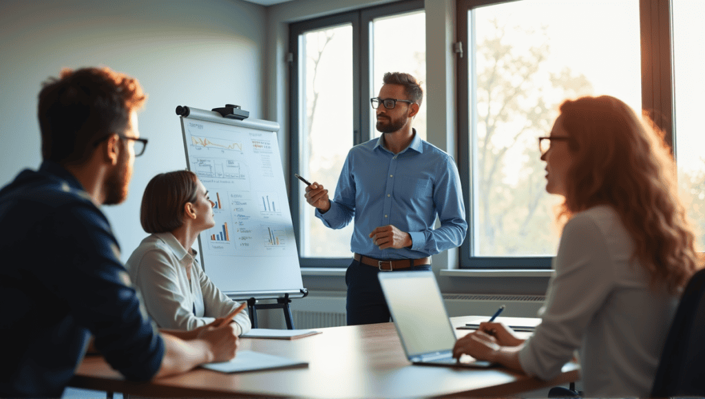 Professional workspace with individuals engaged in a Sprint Review meeting around a whiteboard.