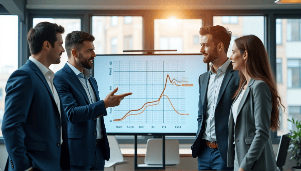 Diverse professionals in business attire discussing a risk matrix in a modern office.