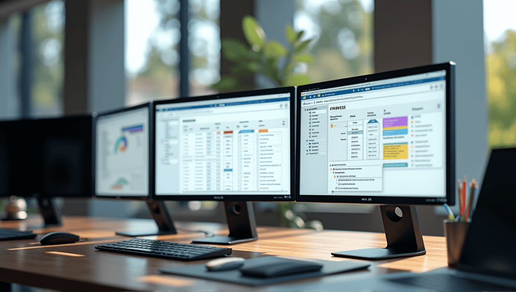 Modern workspace with multiple screens showcasing workflow charts and software interfaces for project management.