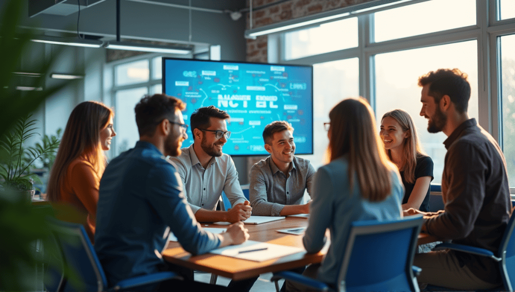 Group of professionals collaborating in a modern office, discussing Agile methodologies with digital displays.