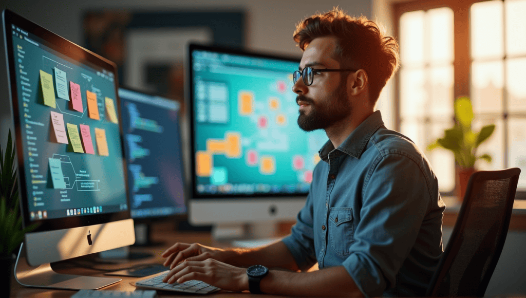 Thoughtful software developer in casual attire surrounded by Agile methodology screens and sticky notes.