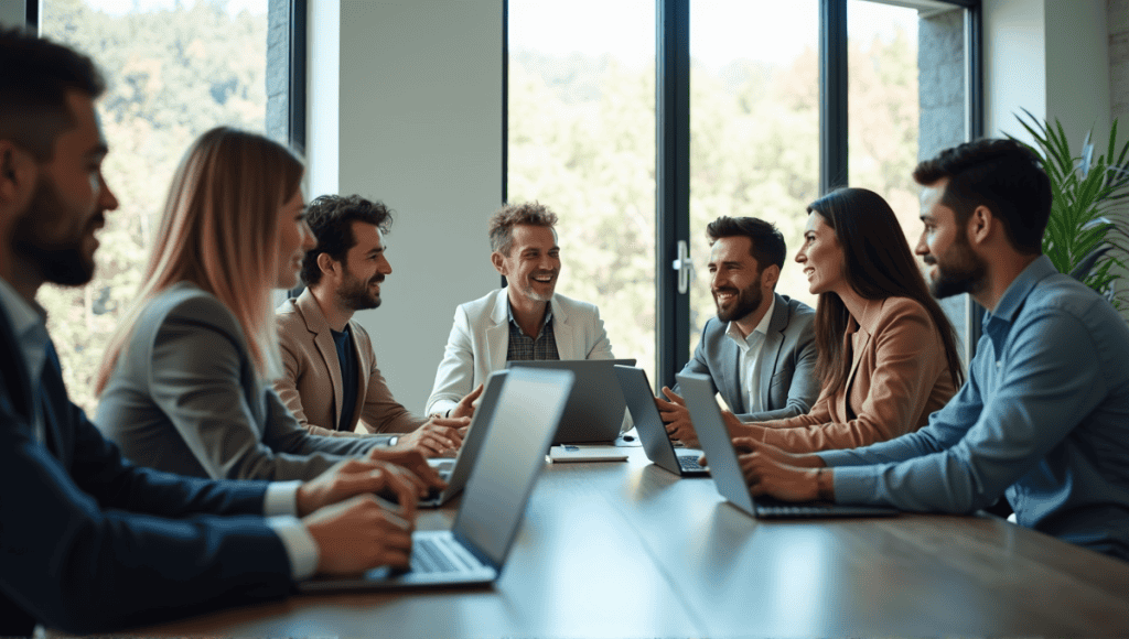 Team of professionals collaborating in a virtual meeting around a modern conference table.