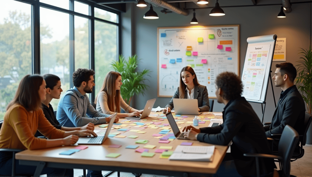 Team of professionals collaborating during a dynamic sprint planning session in an office.