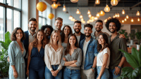 Group of professionals celebrating at a productivity awards ceremony in a modern office.