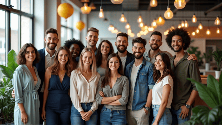 Group of professionals celebrating at a productivity awards ceremony in a modern office.