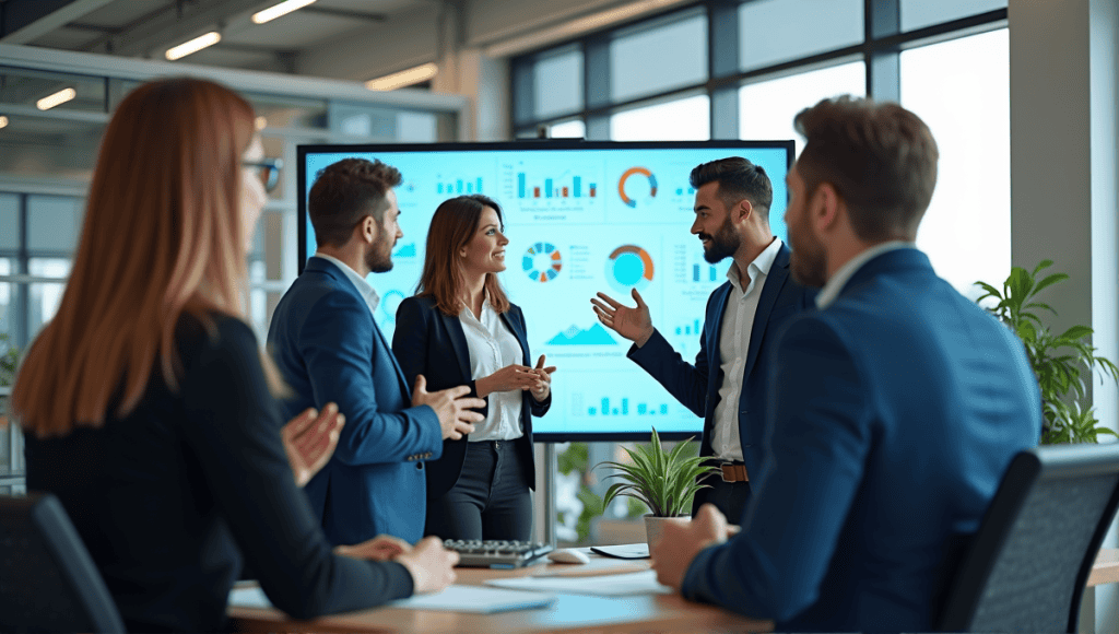 A team of professionals collaborating in a modern office, discussing strategies and data.