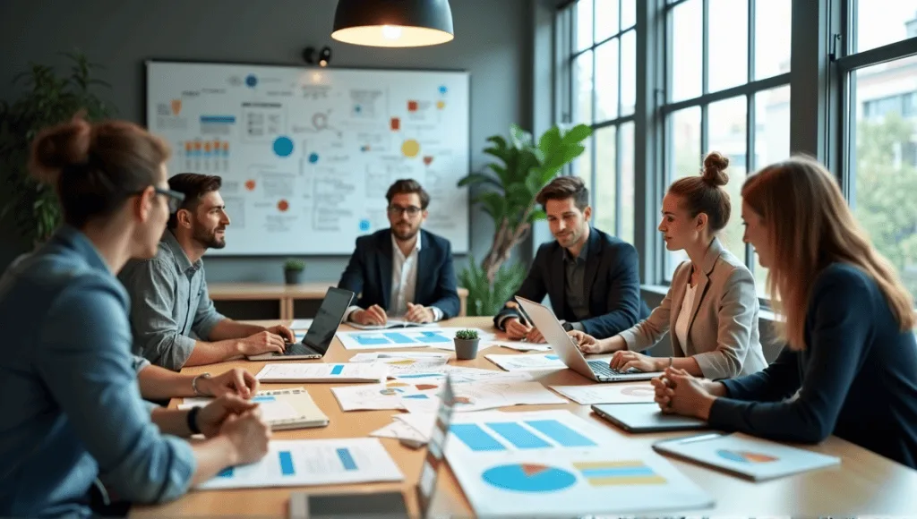 Professionals collaborating in a modern office, utilizing Agile and Lean methodologies during a meeting.