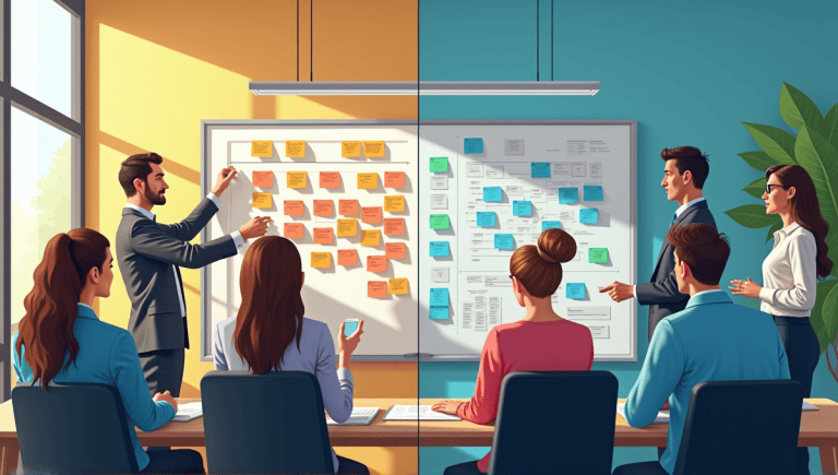 Split scene illustrating Kanban board collaboration and traditional waterfall project management setup.