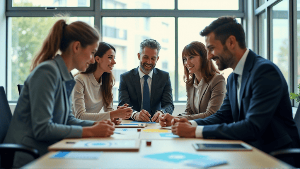 Team of professionals collaborating during a Kaizen team building exercise in a modern office.