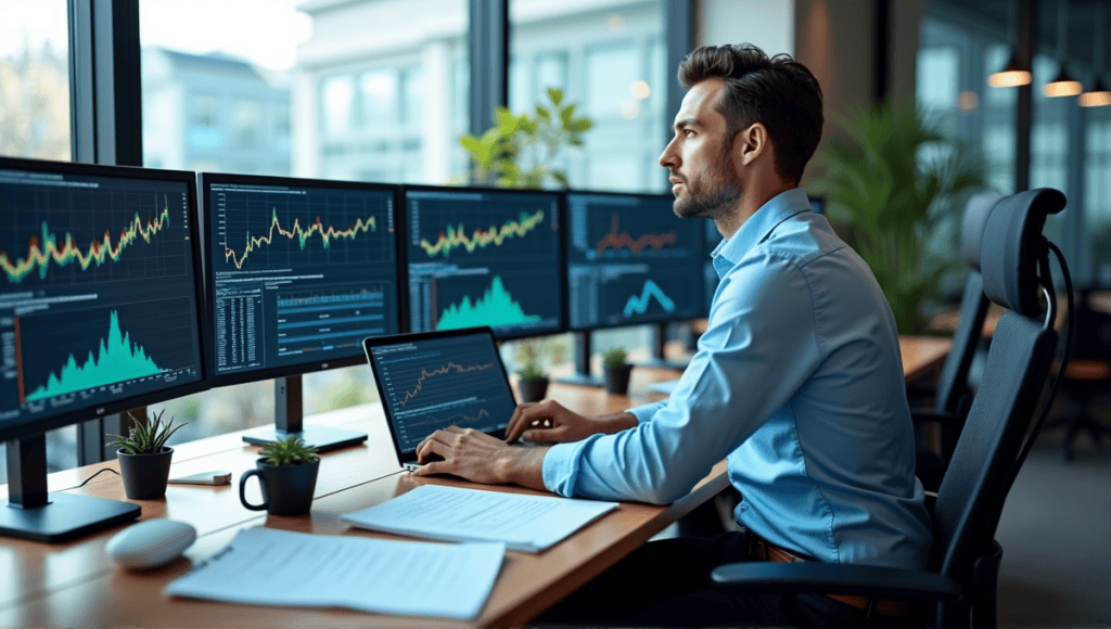 Modern workspace with a data analyst analyzing time series data on multiple screens.