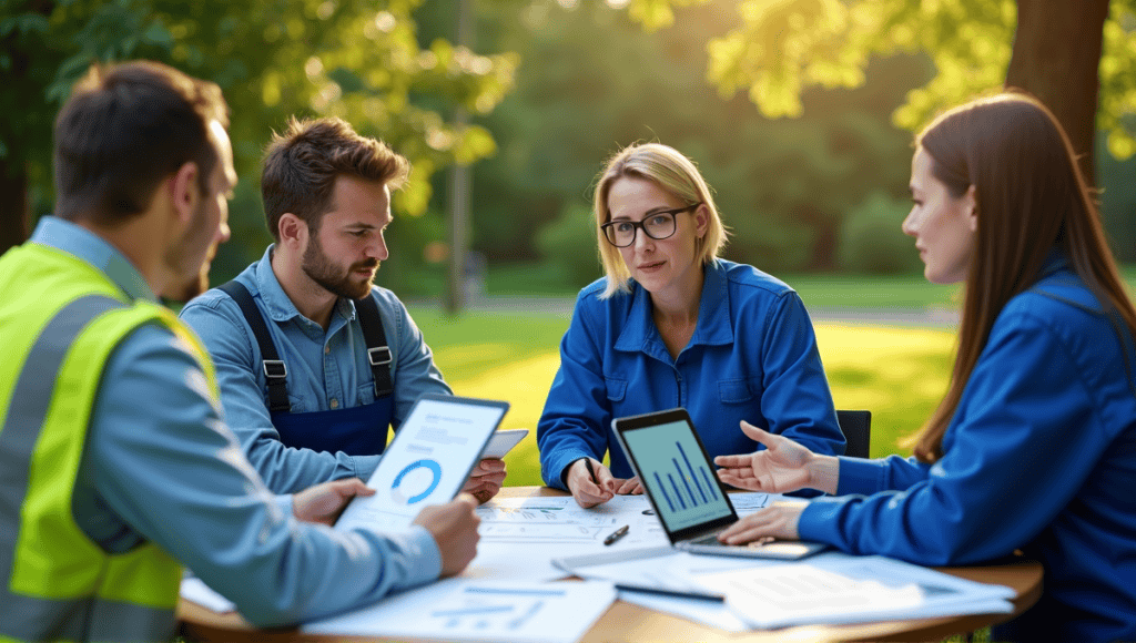 Delivery team in outdoor meeting discussing quality assurance strategies with documents and devices.