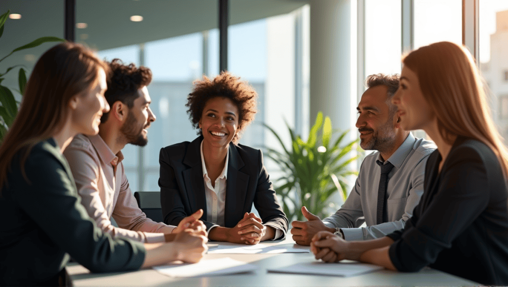 Group of professionals engaged in discussion, sharing ideas in a modern office setting.