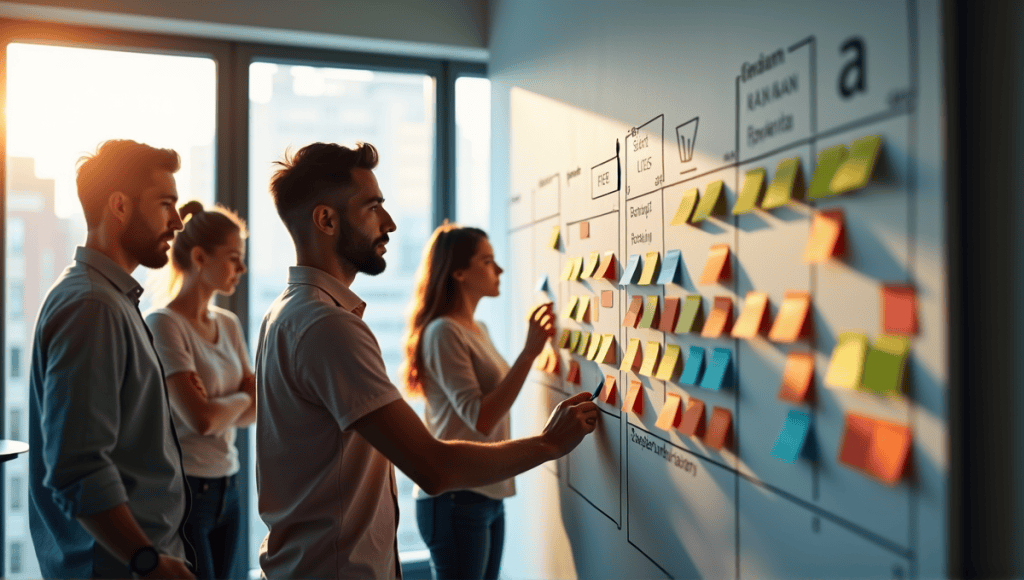 Modern office with a team discussing a Kanban board filled with colorful sticky notes.