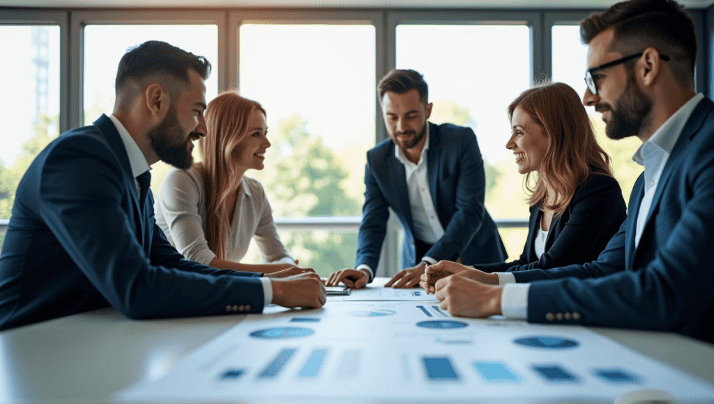 Professionals in business attire discussing supply chain benchmarking around a table with charts.