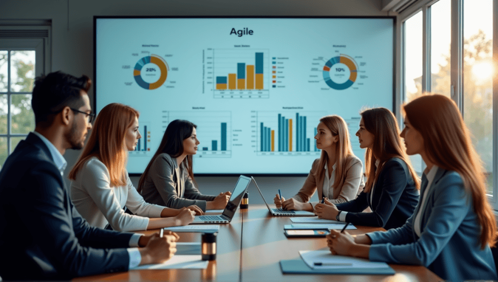 Professionals in smart casual attire brainstorming with charts and digital displays in an office.