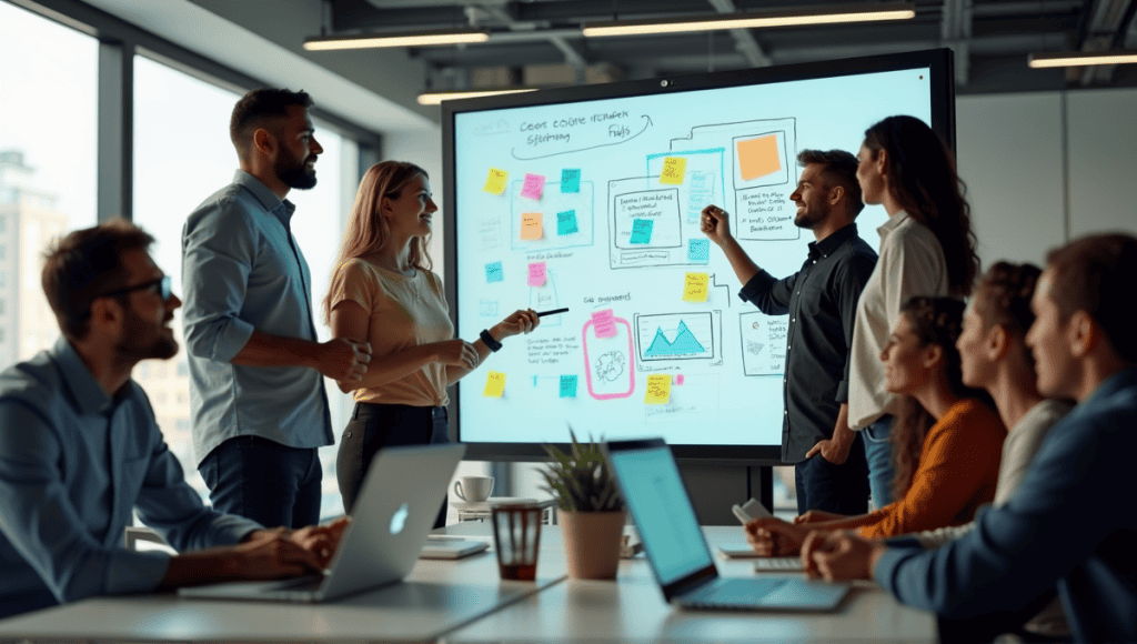 Agile team collaborating around a digital whiteboard in a modern office setting.