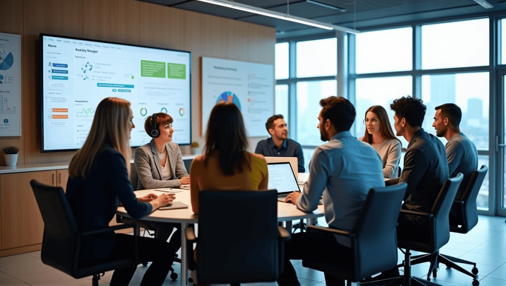 Professionals collaborating in a modern office with project management tools and laptops.