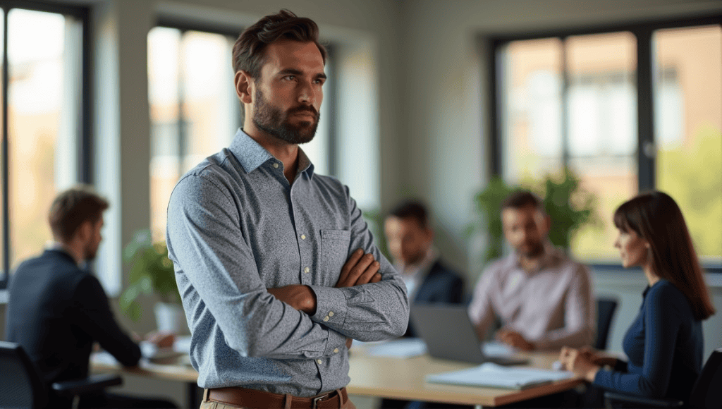 Scrum Master facilitating a discussion in a modern office with a collaborative team.