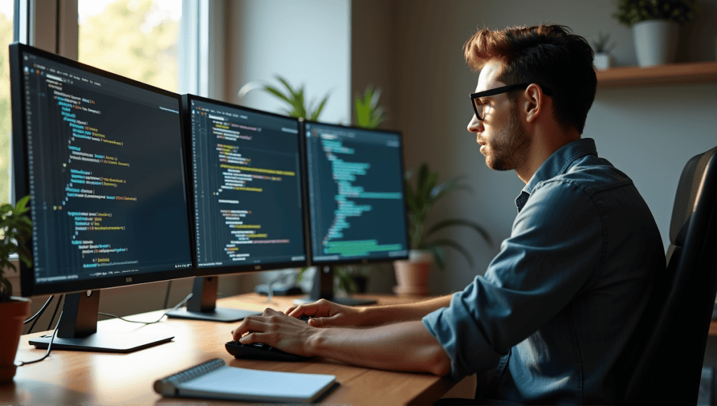 Focused software engineer in casual attire reviewing code on multiple monitors at desk.