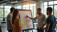 Team collaborating around a scrum board with sticky notes in a vibrant office space.