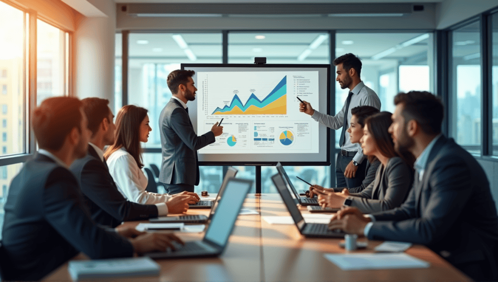 Professionals collaborating in a meeting, surrounded by charts, illustrating Kaizen in Six Sigma.