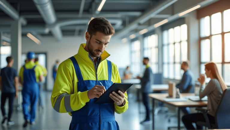 Engineer in blue overalls collaborating on a digital tablet in a busy modern workspace.