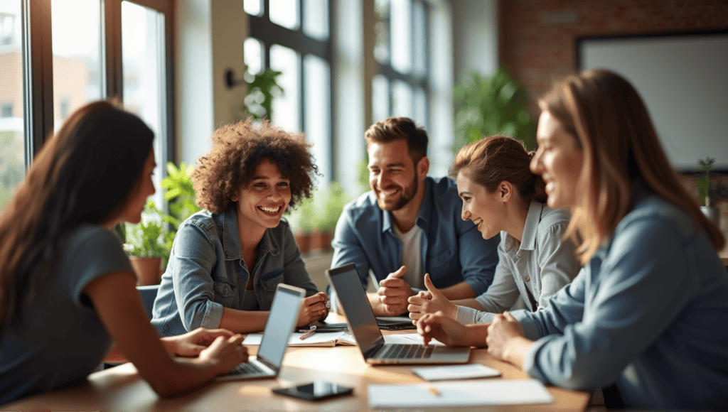 Team of professionals collaborating at a table in a modern office, focused on discussions.