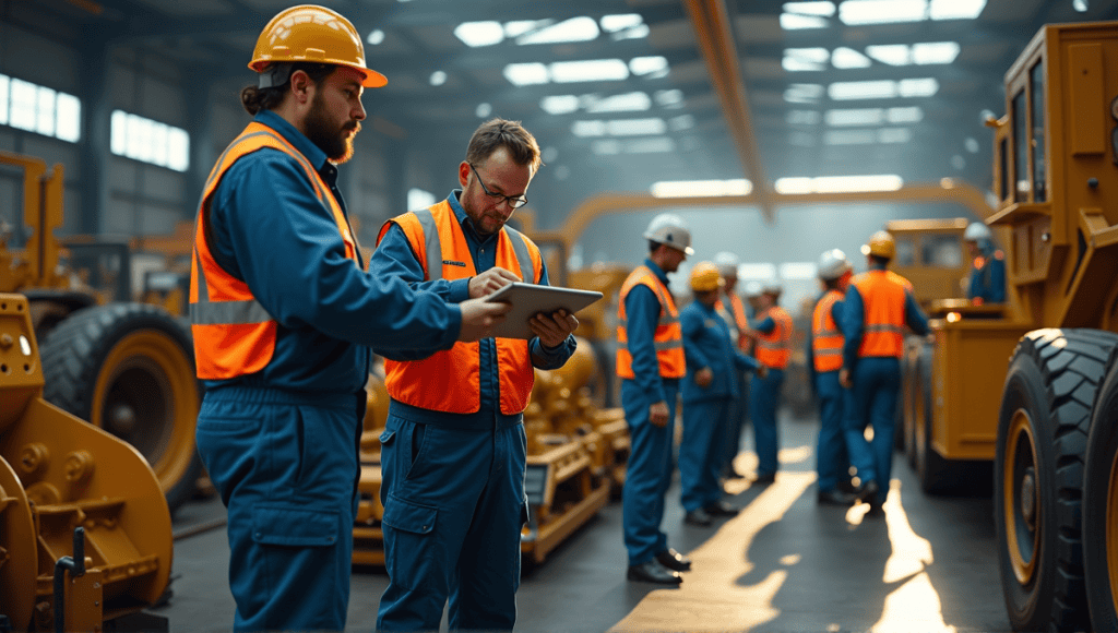 Engineers in blue overalls collaborate on heavy equipment in Caterpillar manufacturing facility.