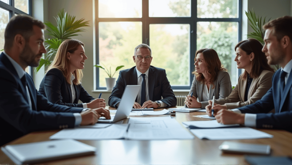 Group of professionals collaborating on a team charter at a large table.