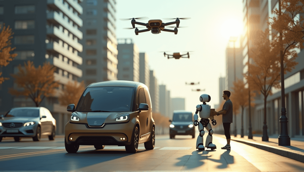 A busy urban delivery scene with autonomous vehicles, robots, and drones in action.