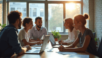 Agile team collaborating in a modern office, discussing projects around a table.