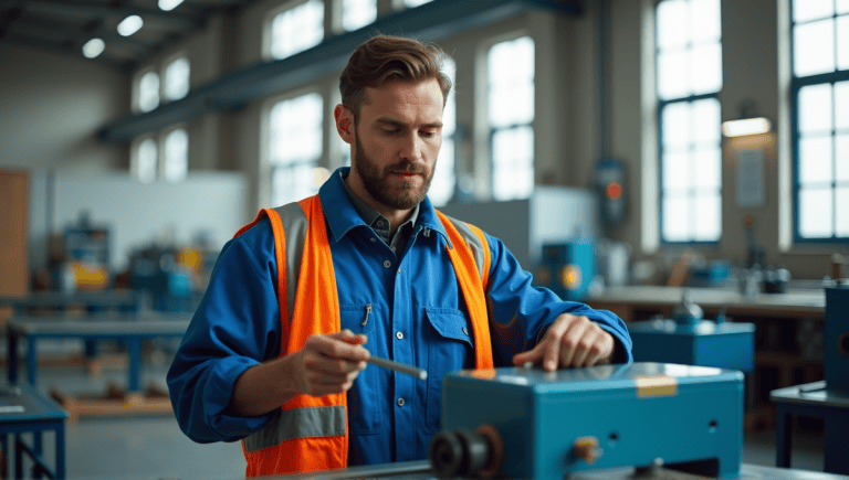 Engineer in blue jumpsuit examines energy-efficient machinery in a bright workshop.