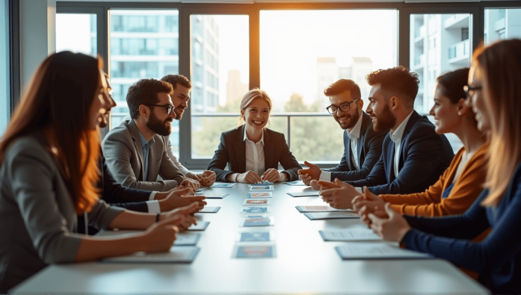 Group of professionals collaborating during a Planning Poker session around a conference table.