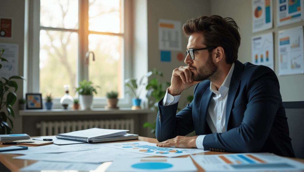 Thoughtful professional in smart-casual attire engaged in value stream mapping at cluttered workspace.