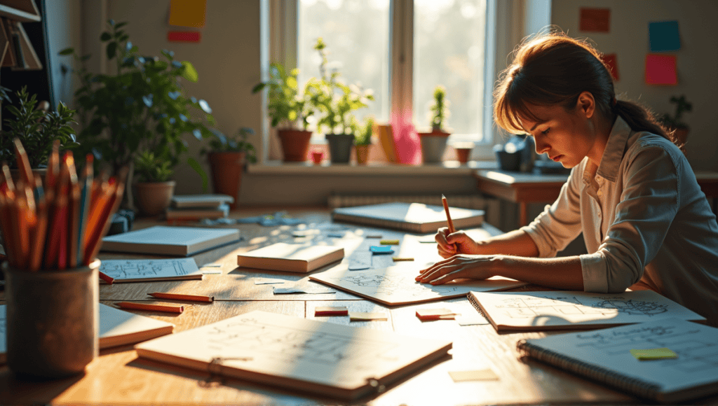 Creative workspace with sketchbooks, colored pencils, sticky notes, and hand-drawn diagrams.