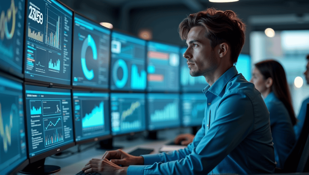 Modern control room with screens showing logistics data and a professional engaging with technology.