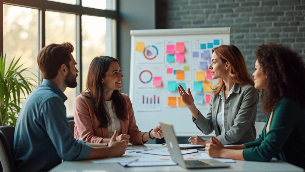 Team collaborating around a modern workspace with a visual management board and colorful sticky notes.