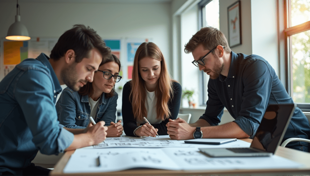 Team collaborating in a modern workspace with prototypes and design boards on the table.