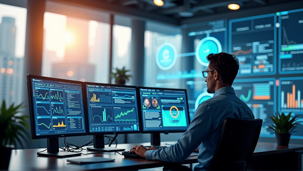 Operator monitoring multiple screens in a bustling automated dispatch control room.