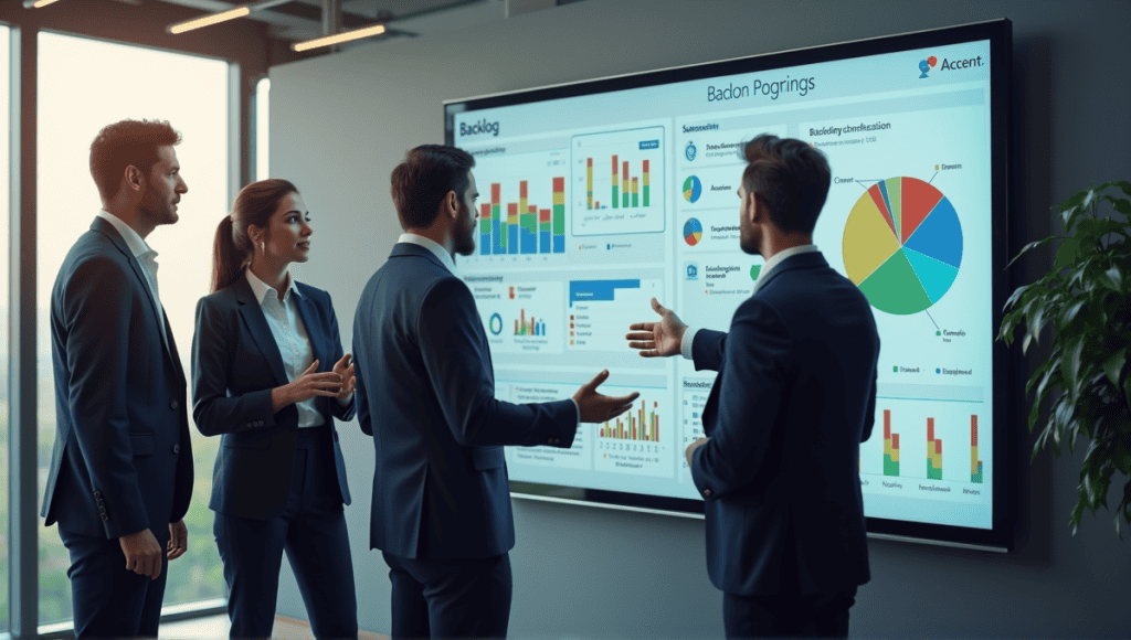 Professionals collaborating around a digital board displaying graphs related to backlog management.