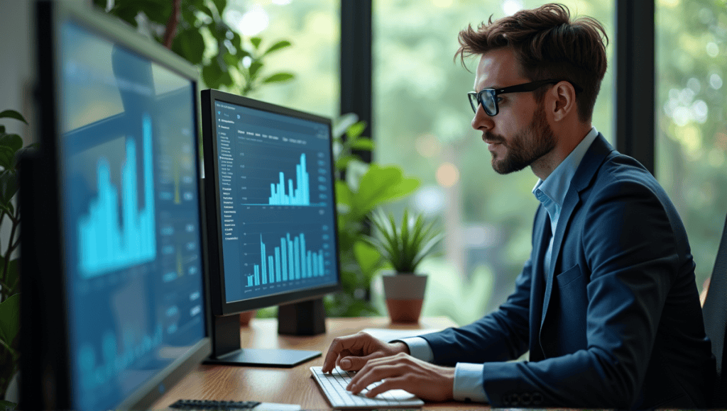 Data analyst in smart casual attire focused on multiple screens with graphs in modern office.