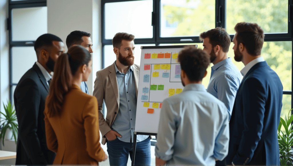 Agile team members collaborating around a Kanban board filled with colorful sticky notes.