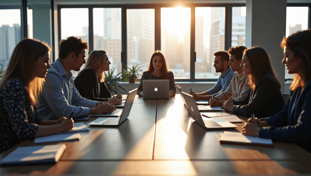 IT professionals collaborating on Kaizen strategies at a modern office table.