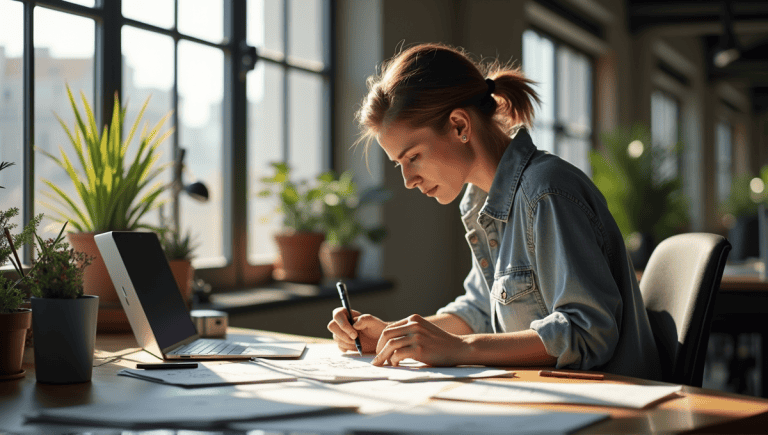 Designer working intensely at a modern desk, surrounded by tools and creative sketches.