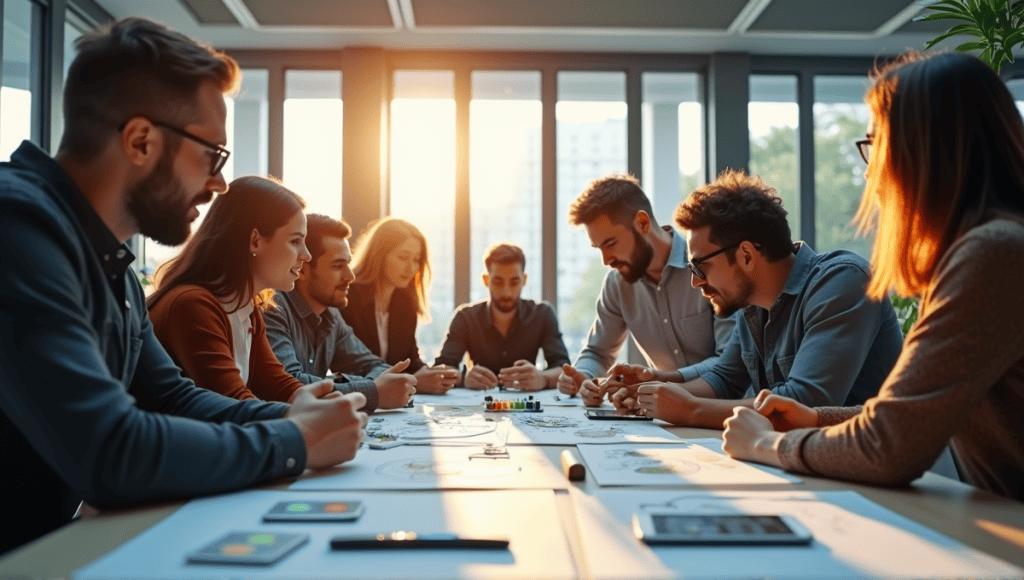 A team of product developers brainstorming with sketches and prototypes in a modern office.