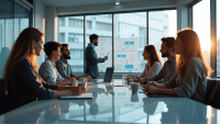 IT professionals collaborating around a conference table, discussing ideas with a digital whiteboard.