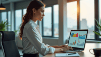 Professional woman in tailored attire analyzing colorful charts on a laptop in a modern office.