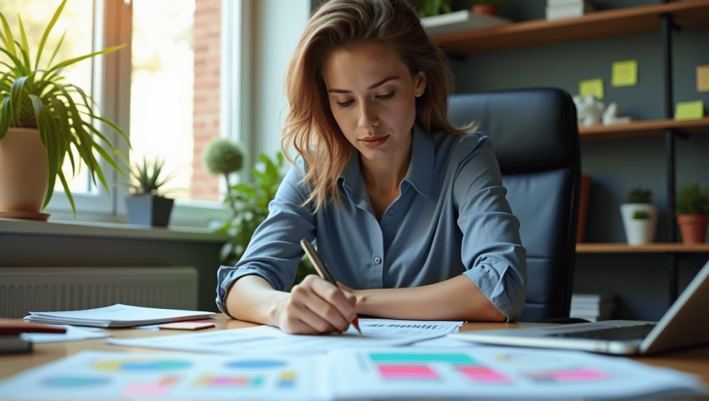 Focused professional reviewing Agile estimation charts at a cluttered desk with sticky notes.